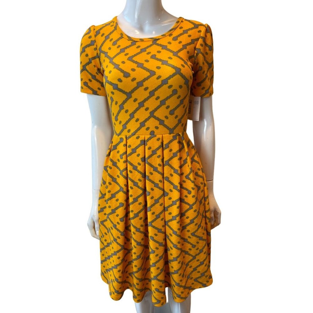 NWT Lula Roe Womens Amelia Dress Fit & Flare Geometric Pleated Yellow Gray SZ XS